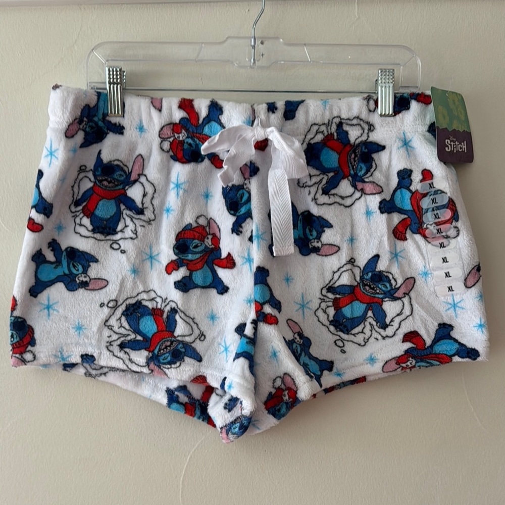 NWT Disney Stitch White and Blue Fleece Pajama Sleep Shorts Winter Themed